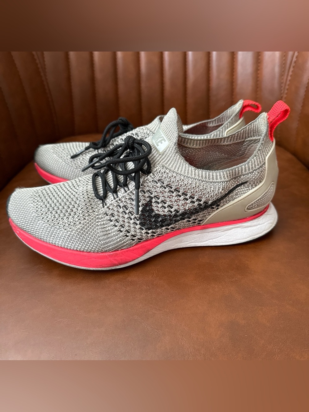 Nike Women’s Flyknit Running Shoes - tan-grey and coral.
